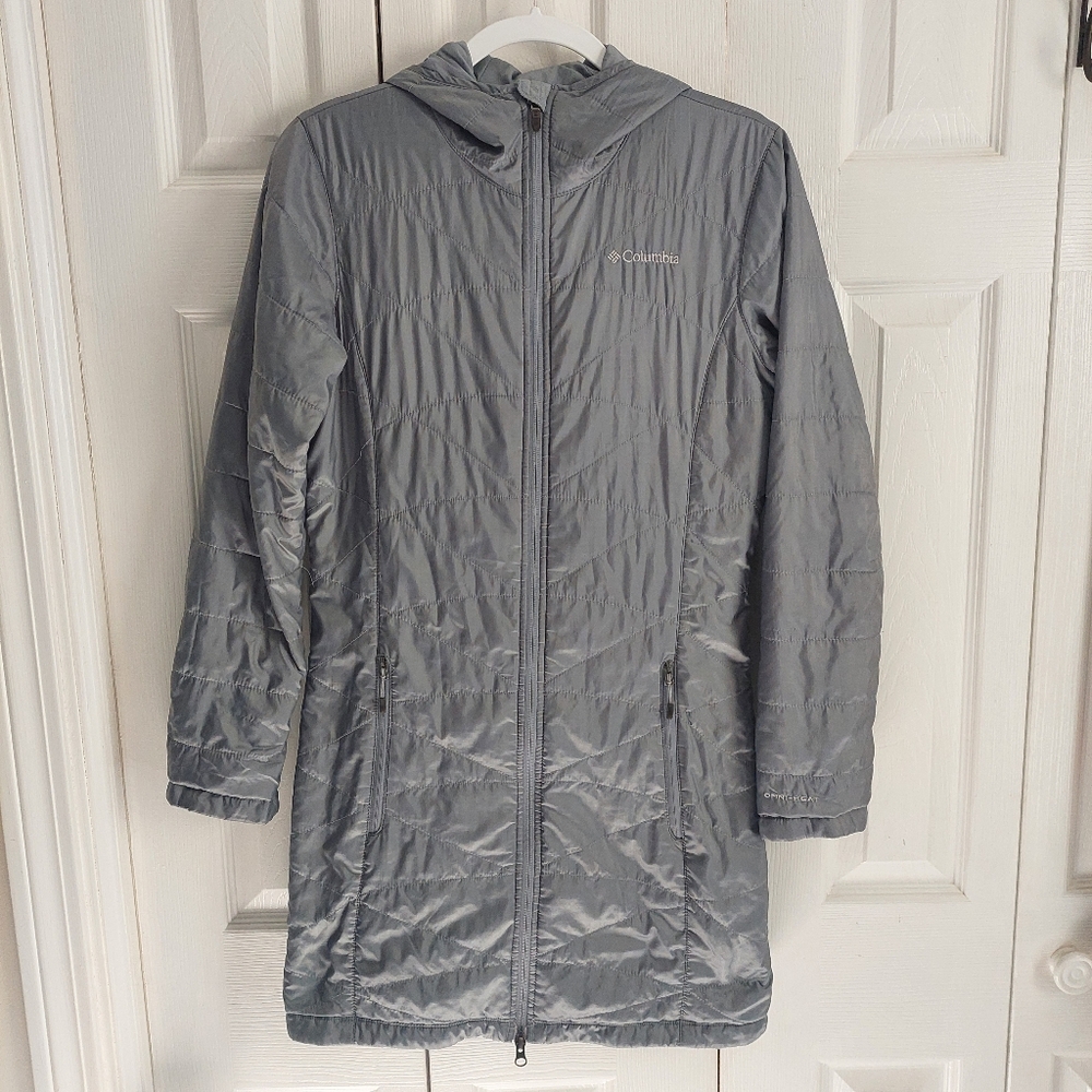 Columbia S omni-heat long hooded jacket/coat, gray silver